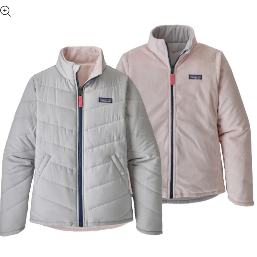 Patagonia Jacket Kids Large Grey Reversible Bomber Fleece Lined Coat  White Pink